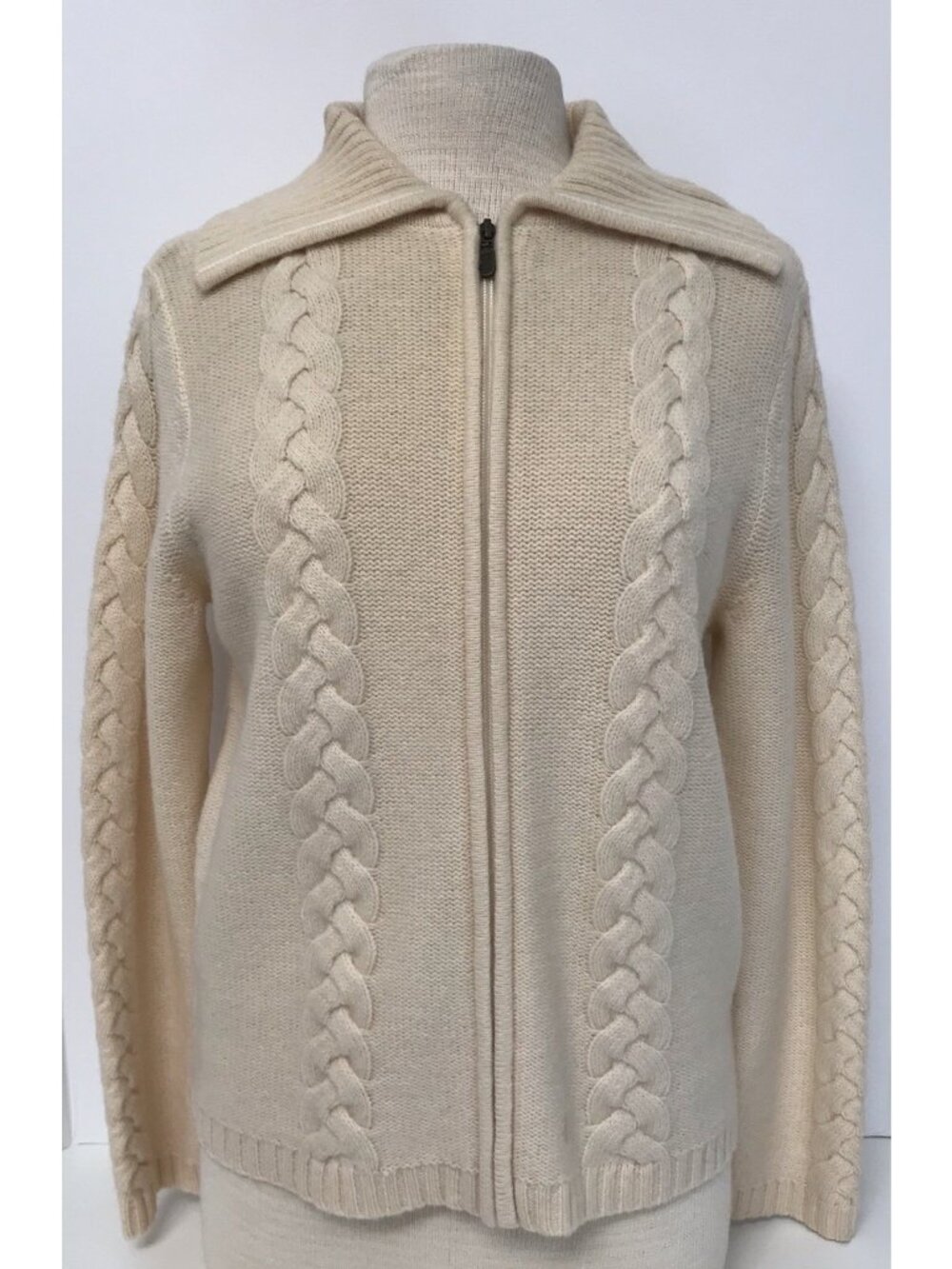 Pendleton 100% Lambswool Full Zip Cable Knit Ladies Sweater Cream Size Small